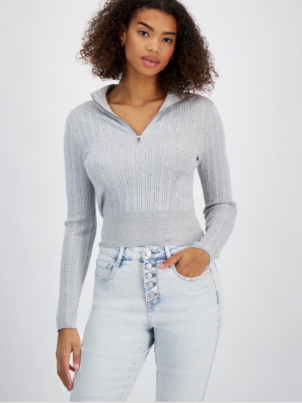 Hooked up by Iot Juniors' Quarter-Zip Mock-Neck Sweater -Grey SIZE XL NWT